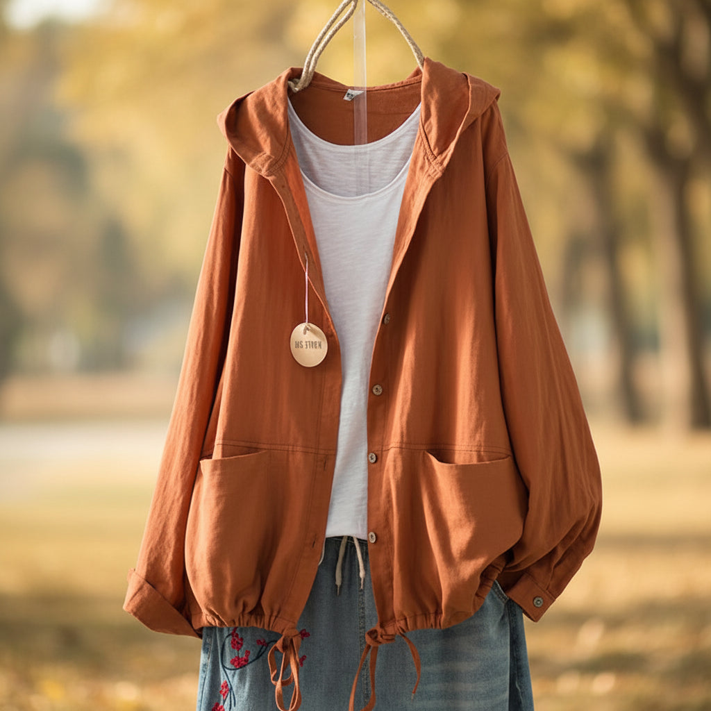 Women's Loose-Fit Hooded Button-Down Top with Drawstring Hem