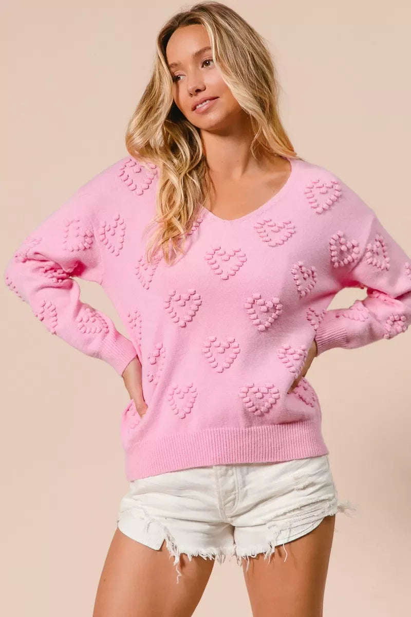 Valentines Heart Pompom V Neck Knit Top
