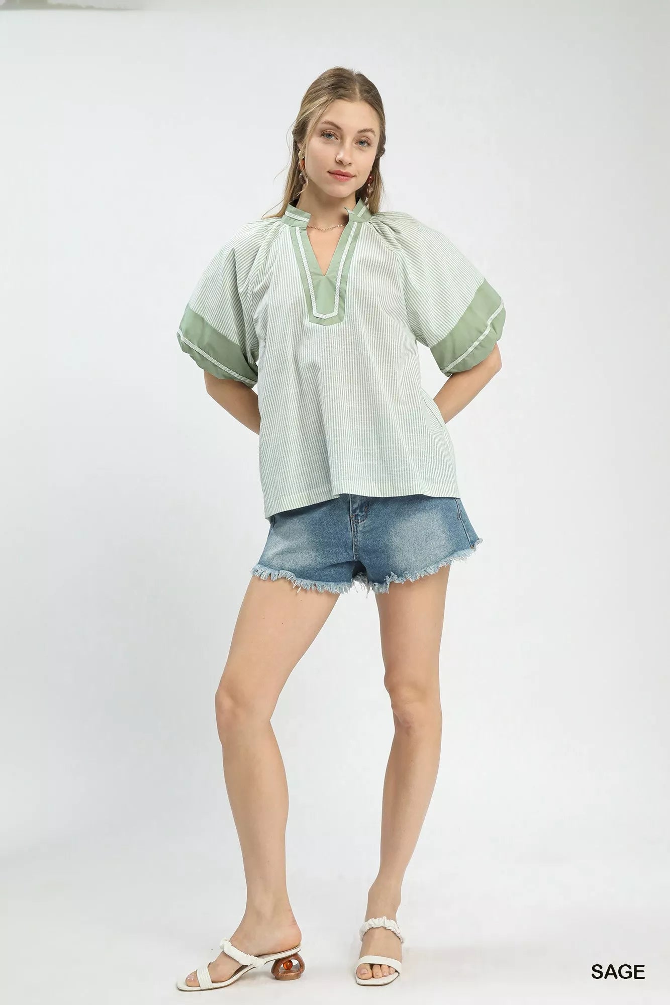 Striped Mixed Puff Sleeve Blouse