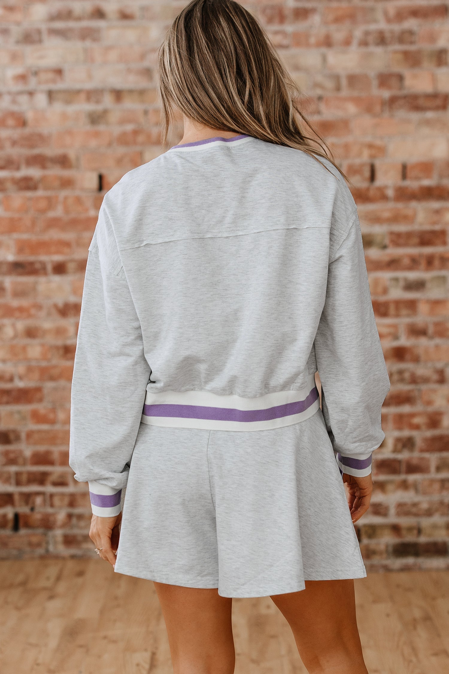 Light Grey Contrast Striped Bands Cropped Pullover and Athletic Short Set