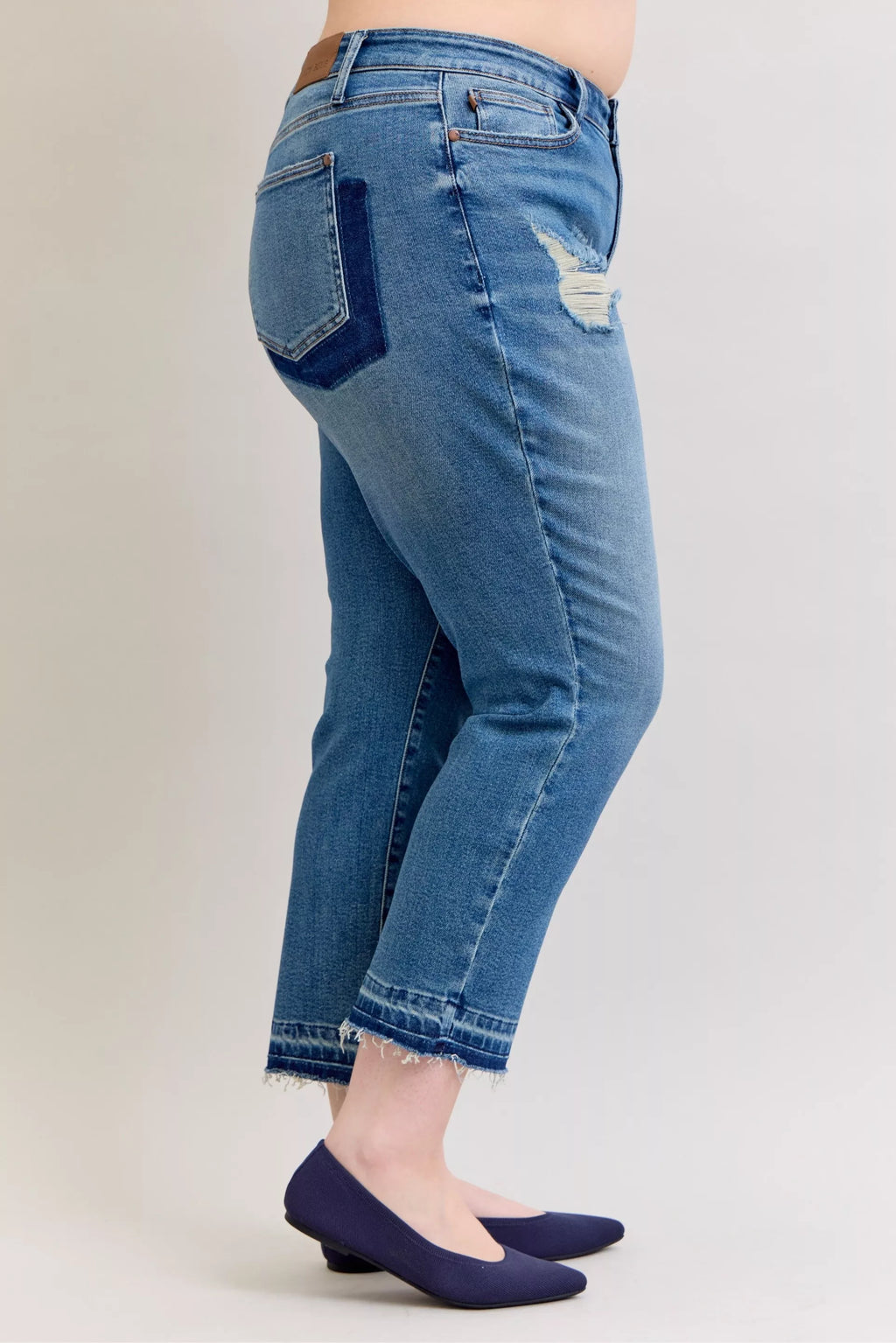 Full Size Mid Rise Bf Patch & Repair Destroy Release Hem Jeans Plus Size