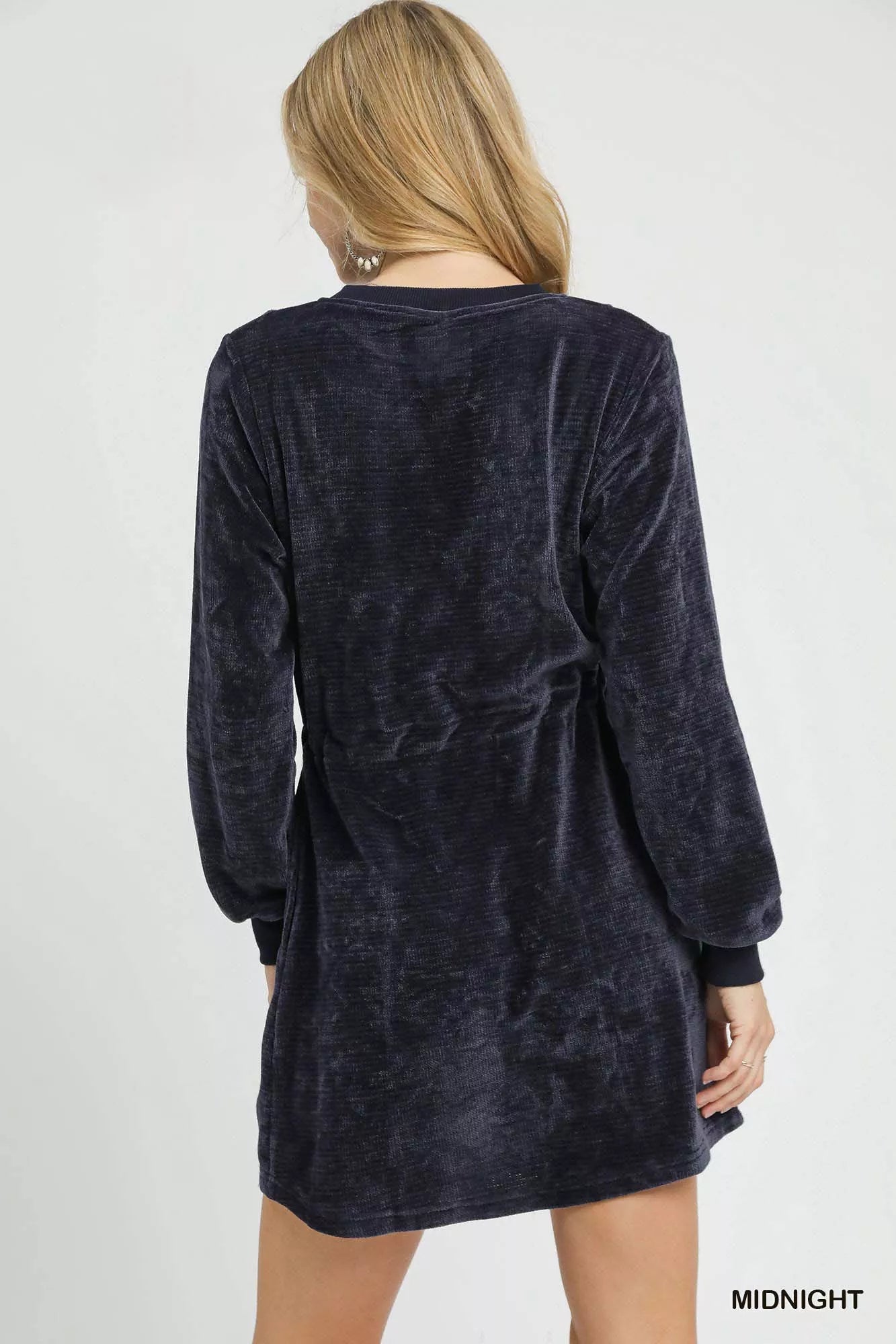 Velour Drawstring Mini Dress with Long Sleeves