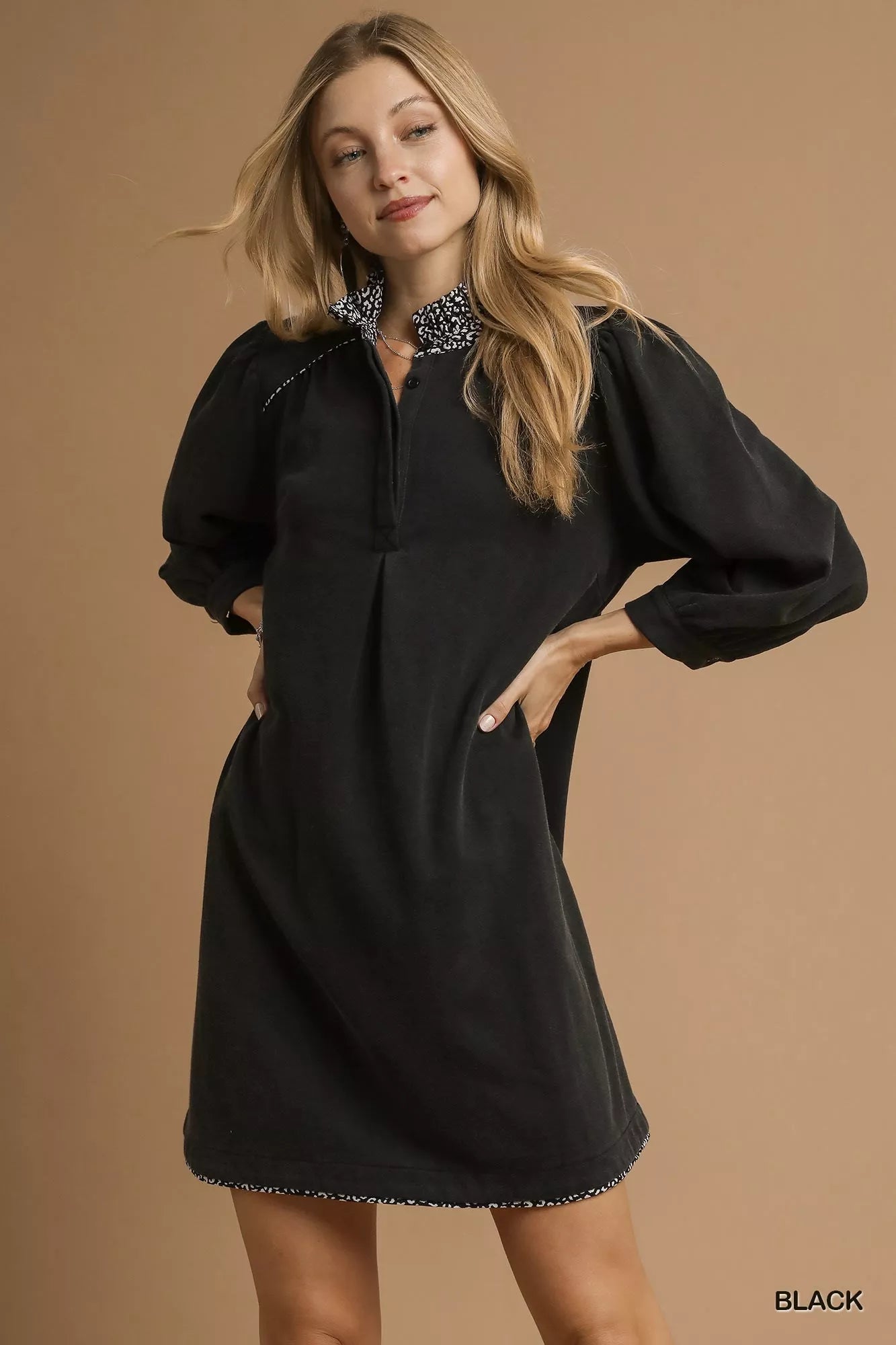 French Terry Balloon Sleeve Shift Dress with Leopard Print Detail