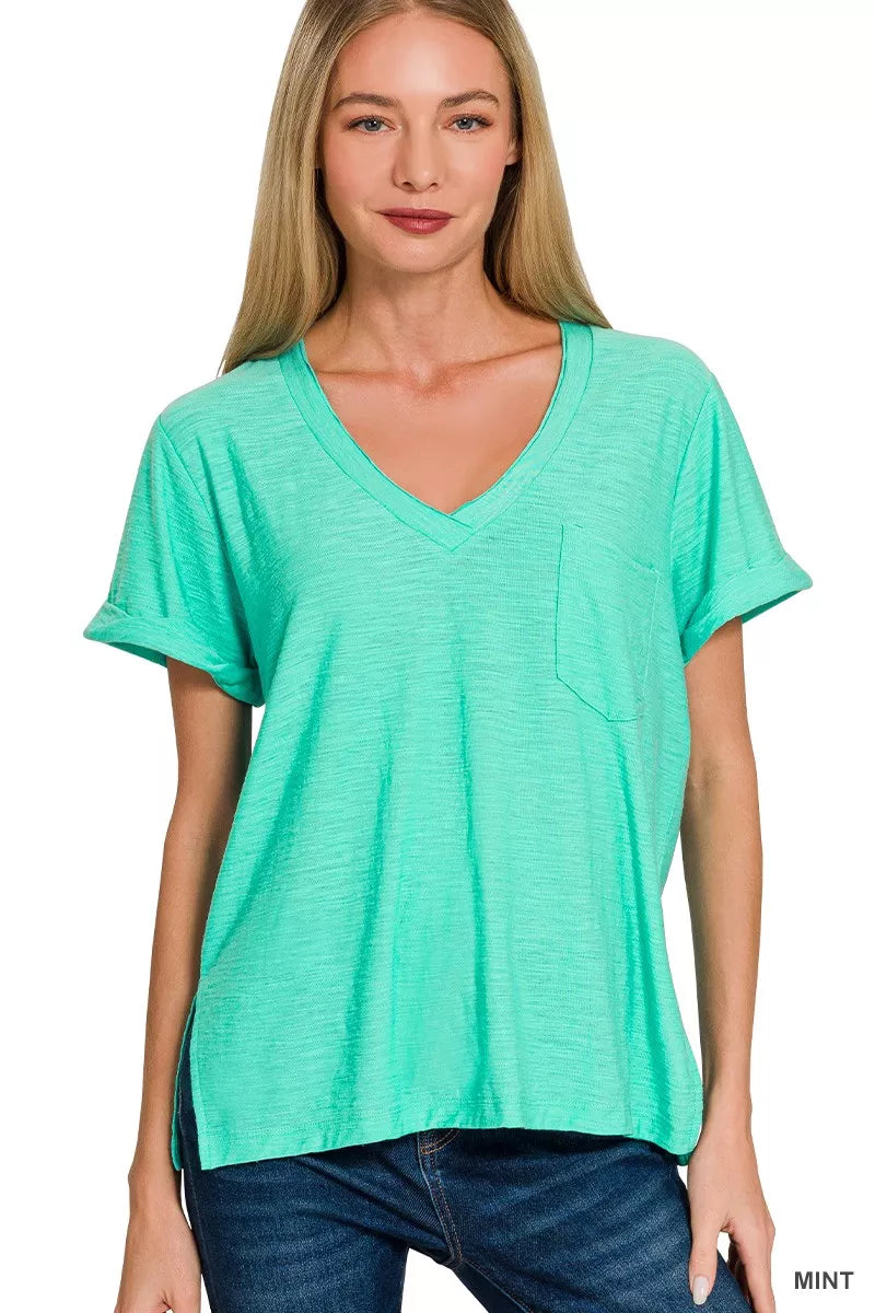 Slub Rolled Short Sleeve V-Neck Tee
