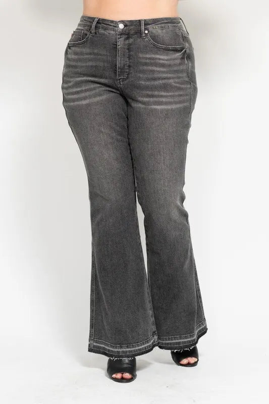 Full Size Mid Rise Tummy Control Washed Gray Release Hem Flare Jeans Plus Size