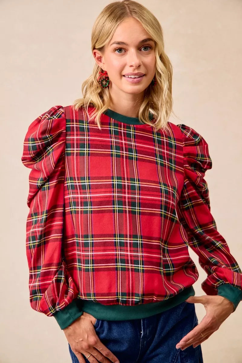 Christmas Plaid Exaggerated Shoulder Sleeves Top