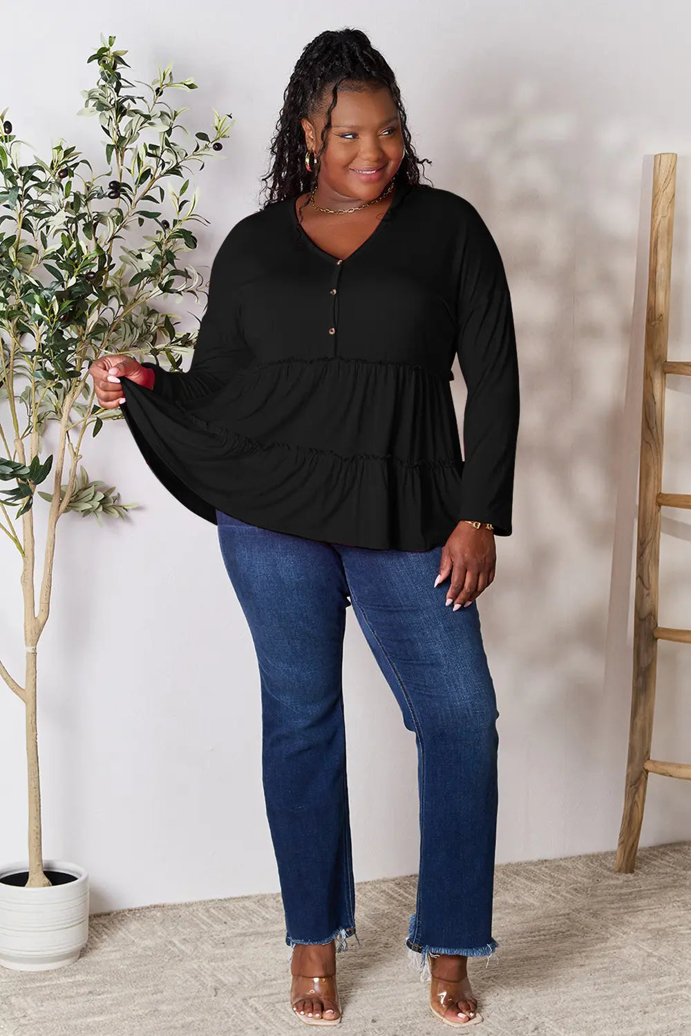 I am a Fashion Junky Take Half Button Long Sleeve Ruffle Hem Blouse
