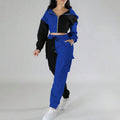 Women's Color Block 2 Piece Set, Full Zip Up Cropped Hoodie Jacket & Drawstring Cargo Pants, Casual Streetwear Outfit See size chart under “more details”