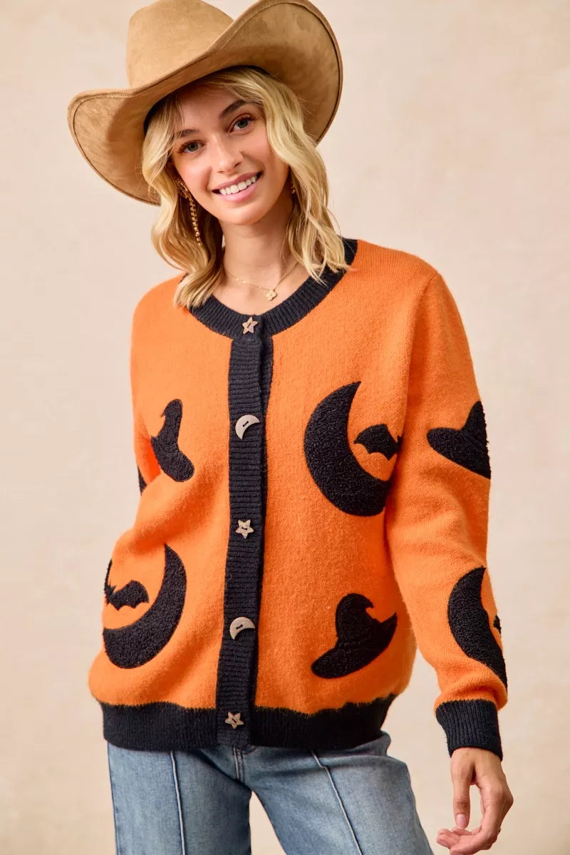 Halloween Witch Hat Moon Bat Artwork Cardigan