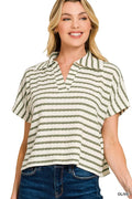 Striped Split Neck Collared Top