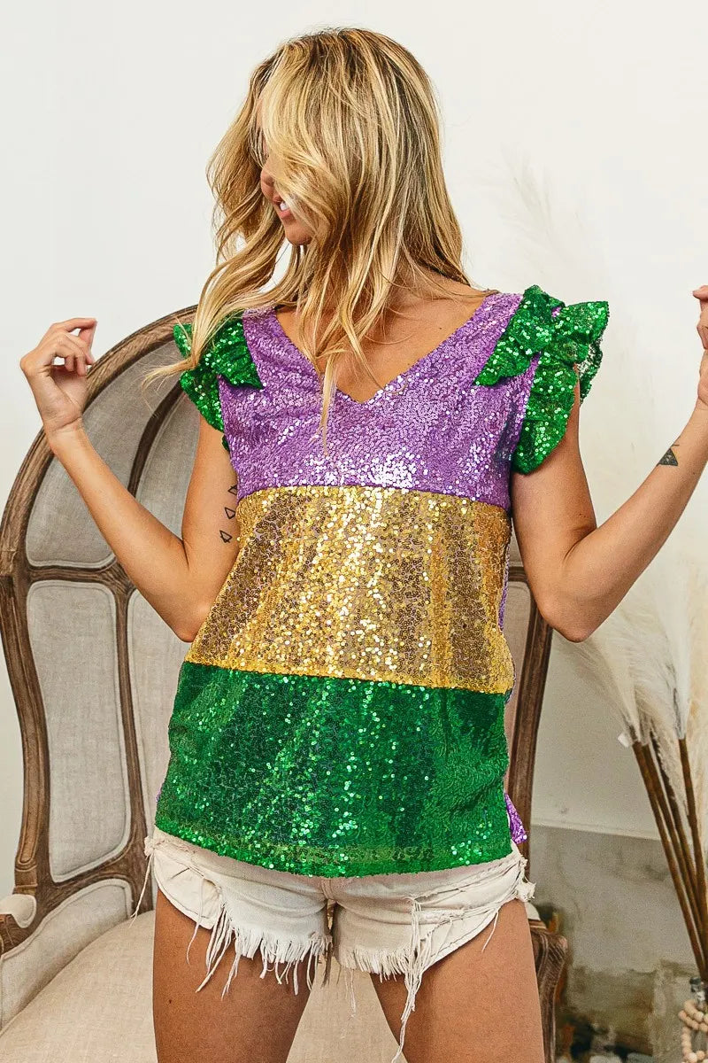 Mardi Gras Sequin Color Block Ruffled Top