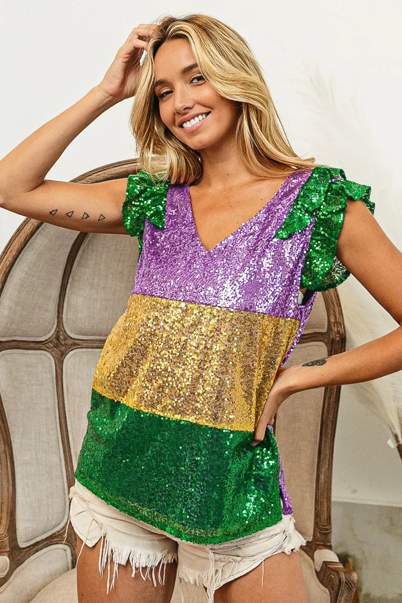 Mardi Gras Sequin Color Block Ruffled Top