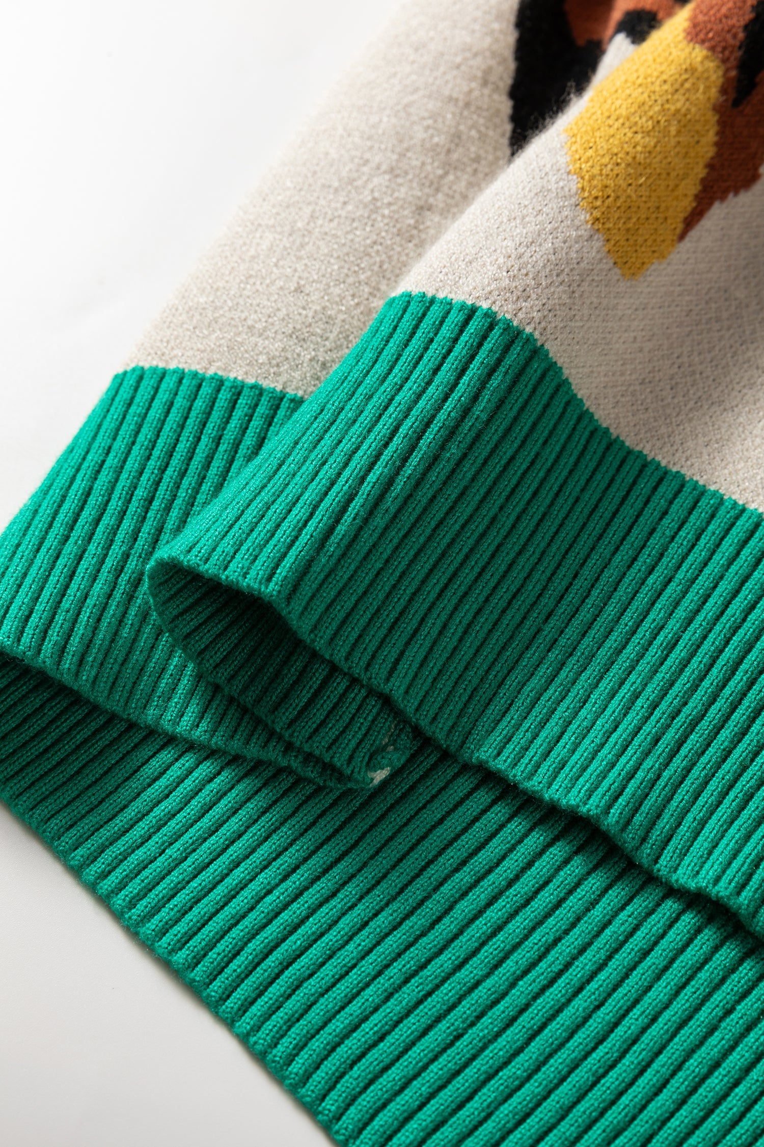 Apricot Contrast Ribbed Stripes Detail Animal Pattern Knit Sweater