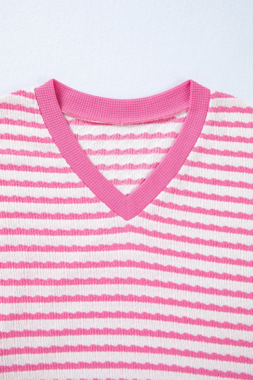 Pink Stripe Textured Knit Contrast Trim V Neck Short Sleeve Top