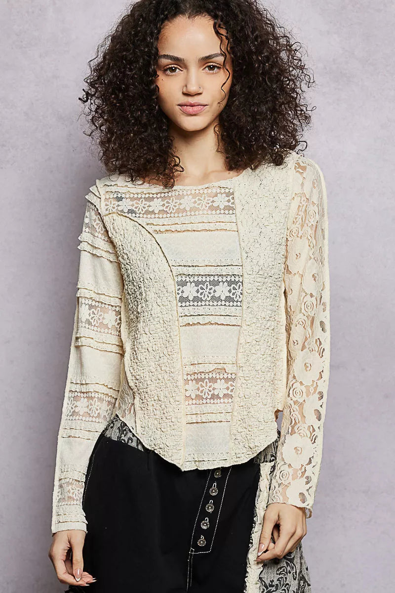 Round Neck Long Sleeve Exposed Seam Top with Lace Detail
