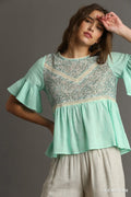 Floral Lace Trimmed Detail Half Sleeve Babydoll Top