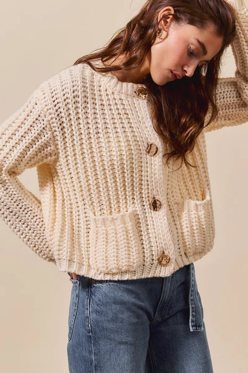 Metal Button Long Sleeve Chunky Sweater Cardigan