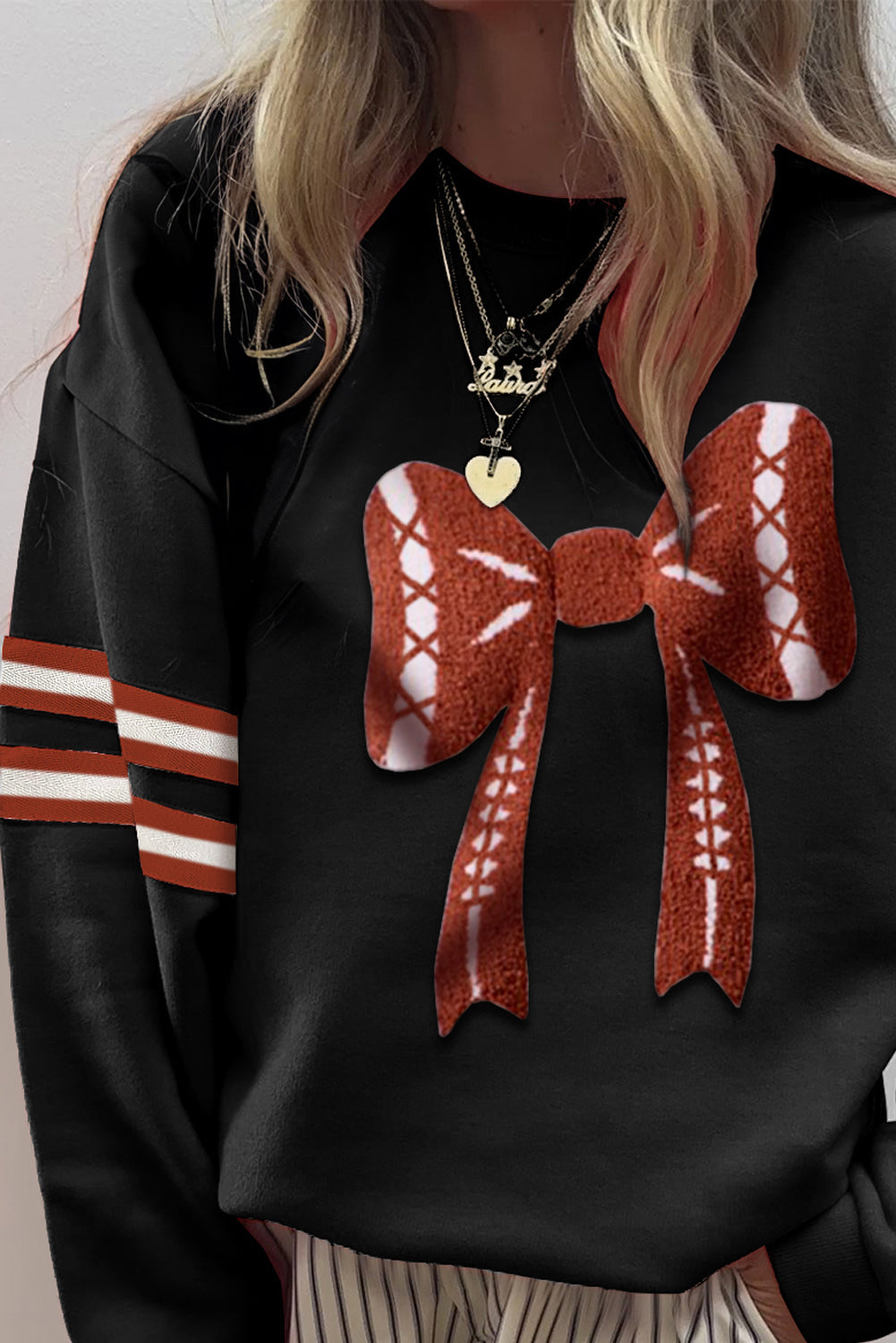 Black Varsity Baseball Bow Graphic Striped Sleeve Baggy Sweatshirt
