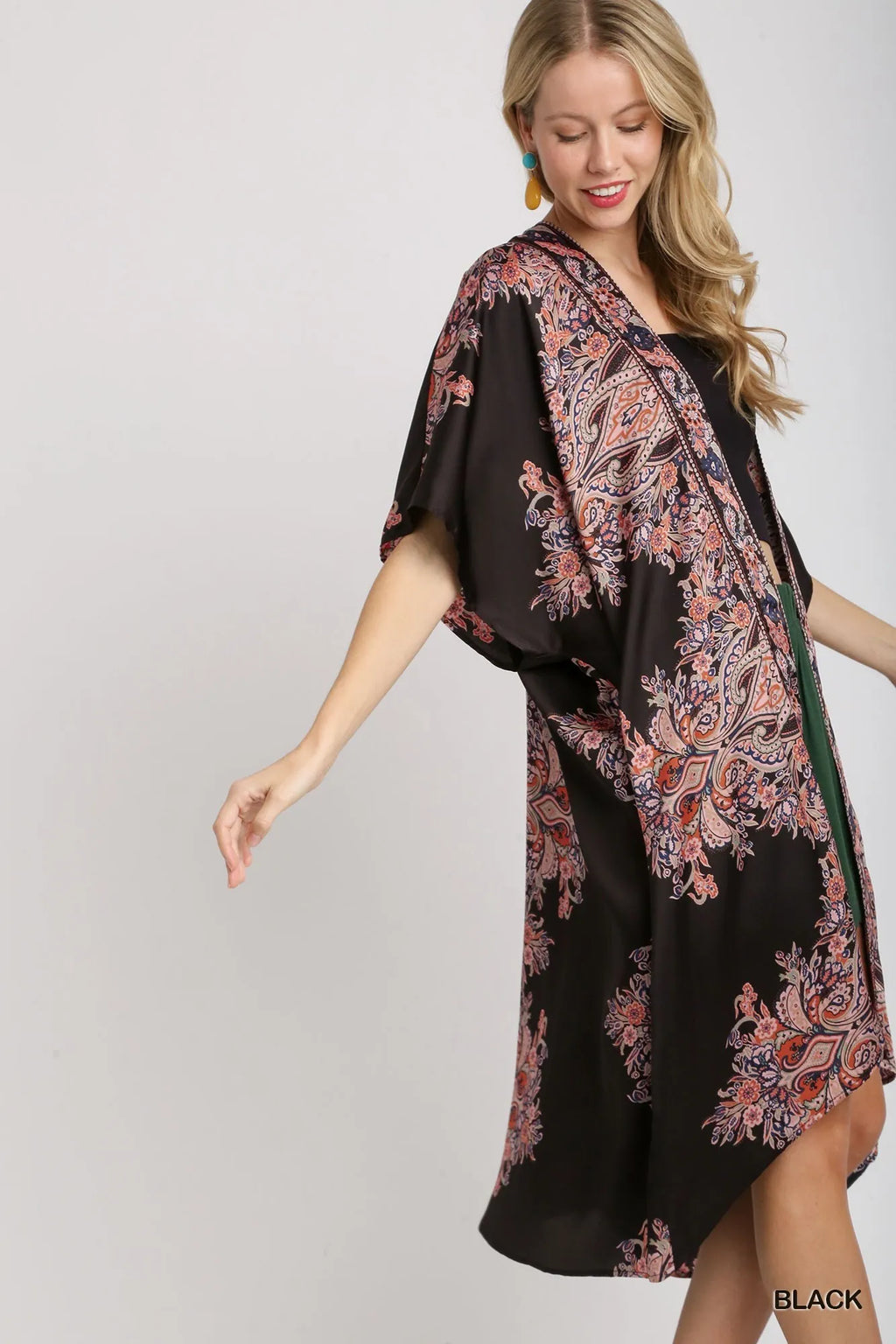 Satin Border Print Short Sleeve Open Front Kimono