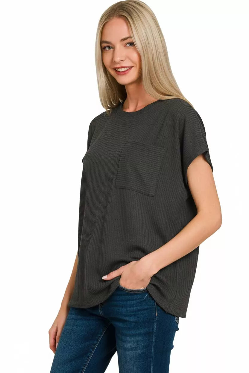 Raised Rib Front Pocket Boxy Top