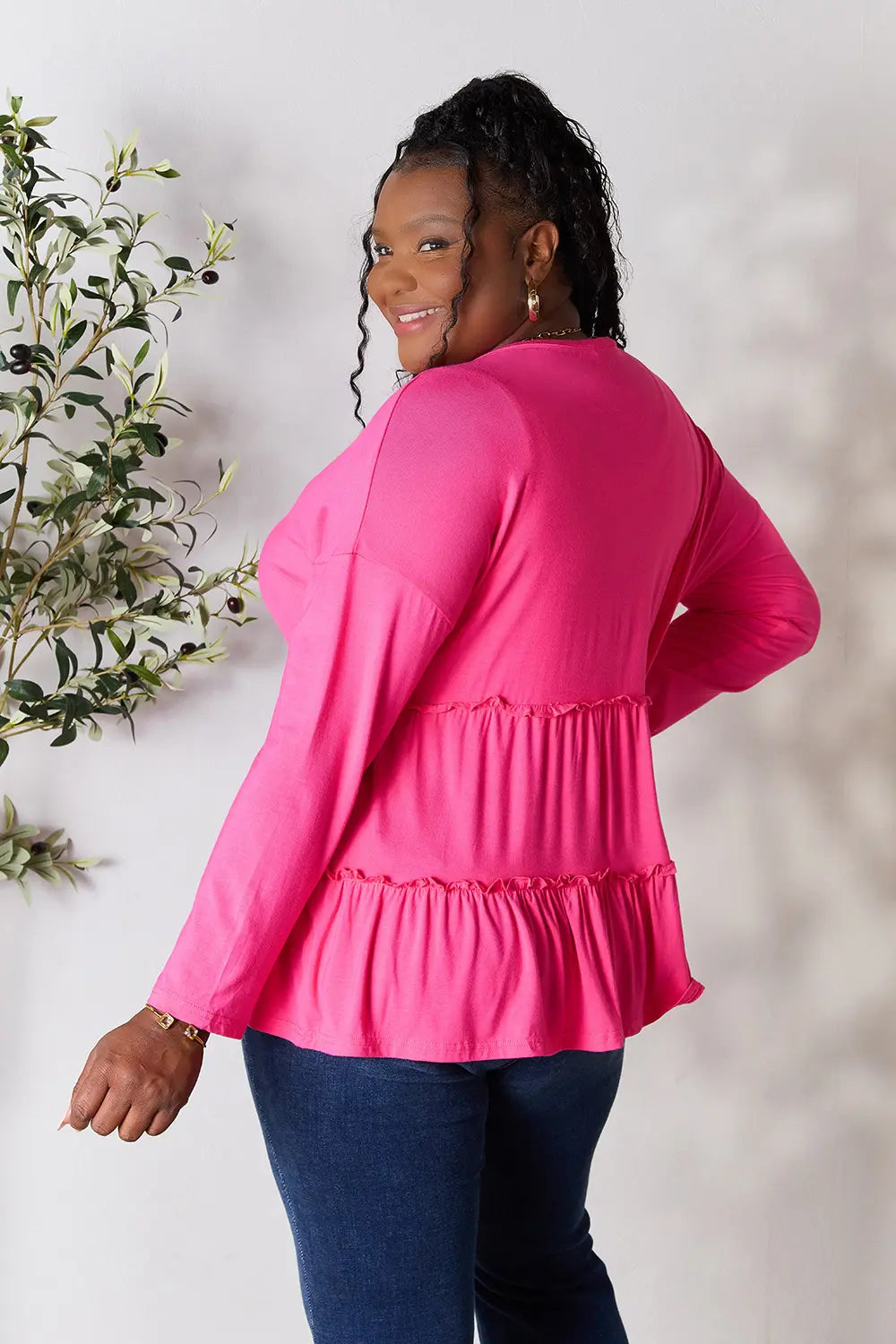 I am a Fashion Junky Take Half Button Long Sleeve Ruffle Hem Blouse
