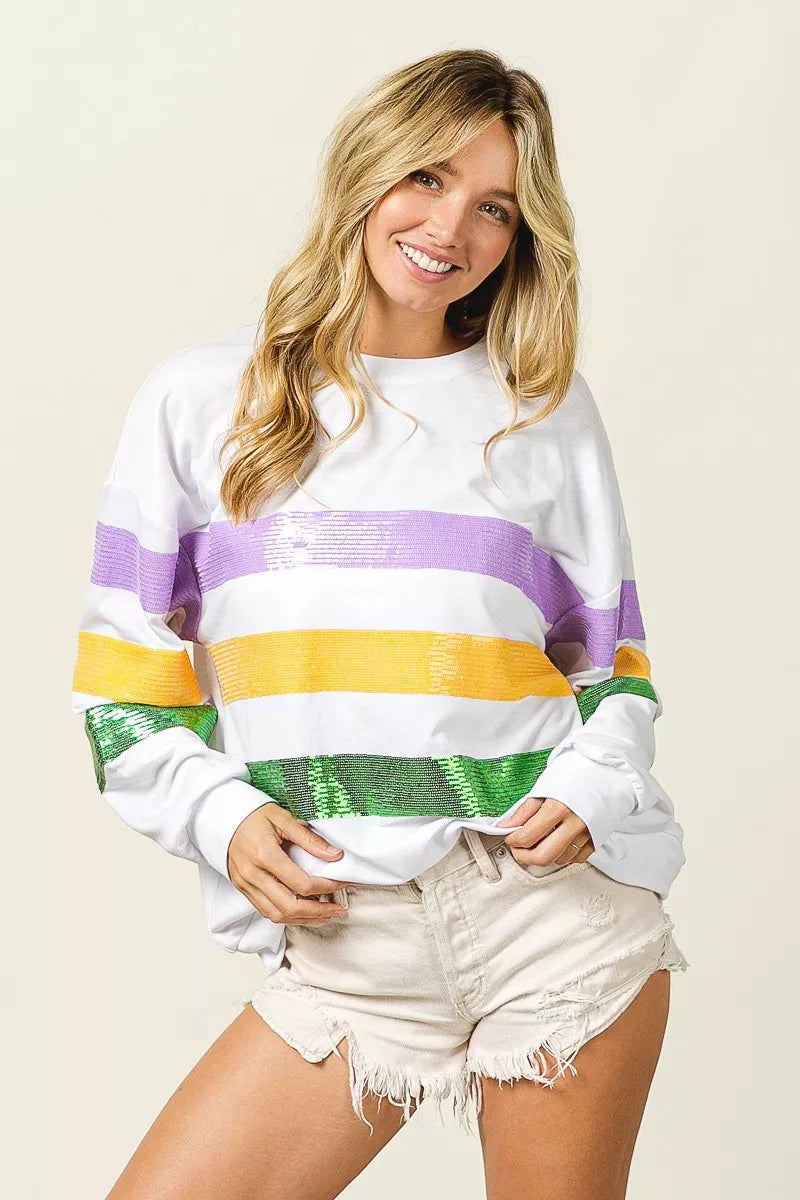 Sequin Mardi Gras Striped Round Neck Sweatshirt