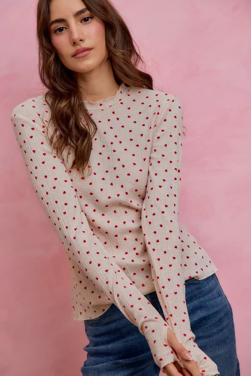 Ditsy Heart All Over Slub Rib Knit Valentine Top