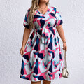Summer Trendy Geometric Pattern Multi-color Mosaic Women's Plus Size V-neck Dress See size chart under “more details”