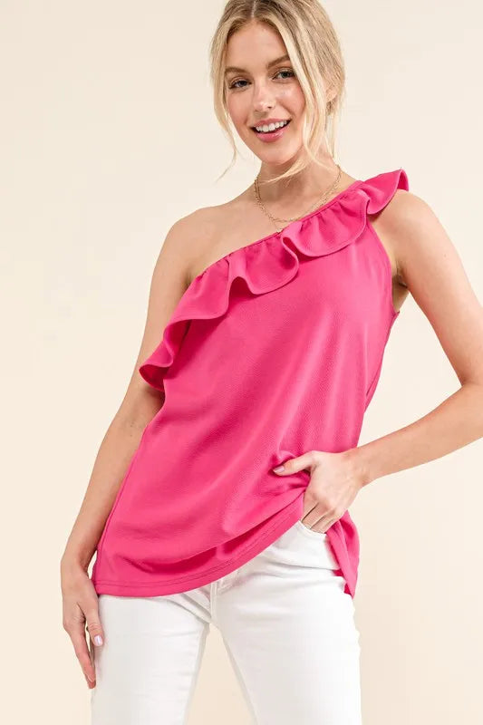 Ruffle One Shoulder Sleeveless Tank Top