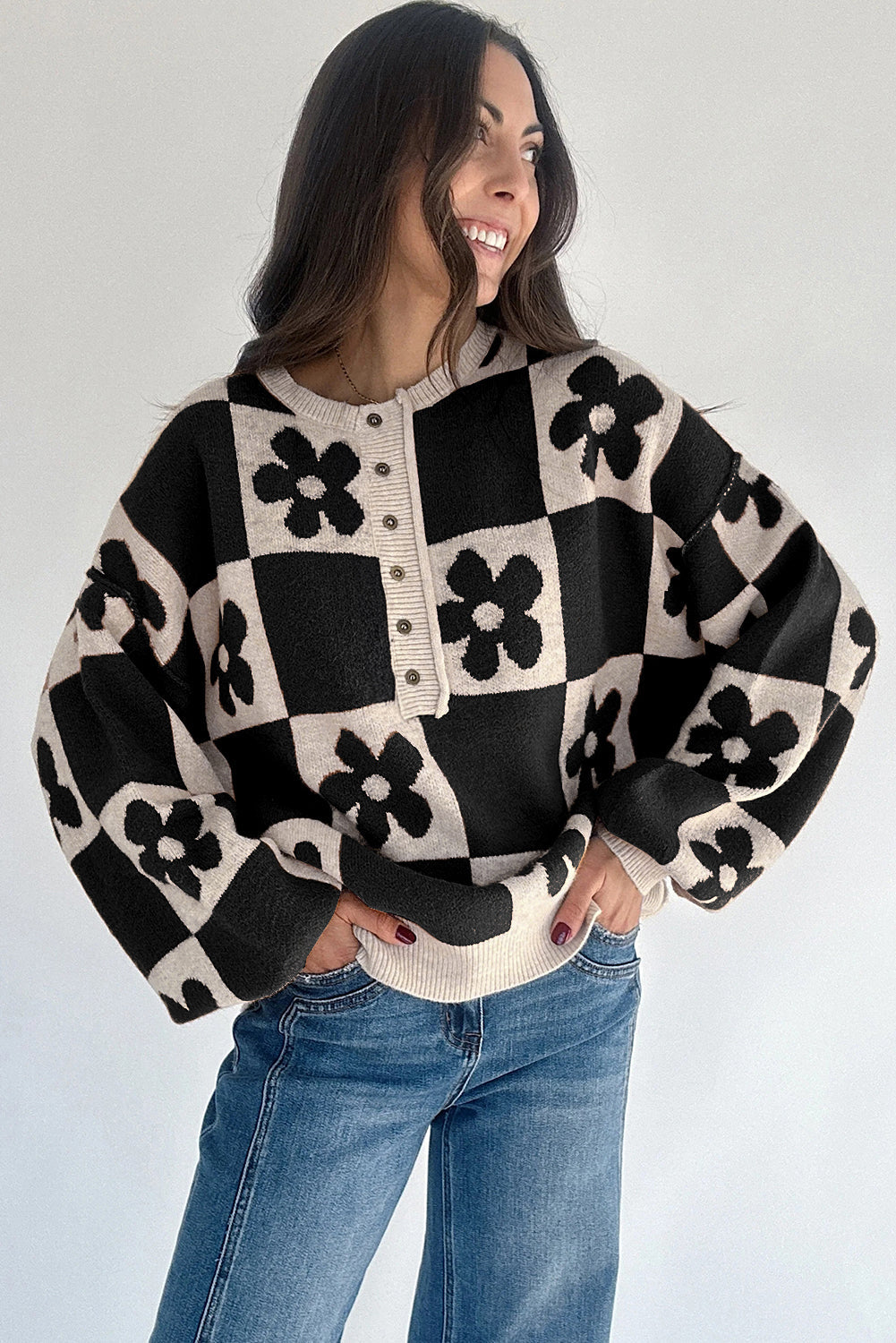 Black Flower Plaid Henley Baggy Sweater