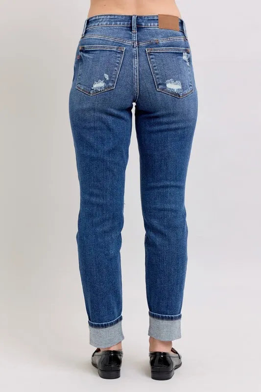 Full Size Mid Rise Boyfriend destroy Jeans with Yoke Pockets and Faux Selvedge Cuff Plus Size