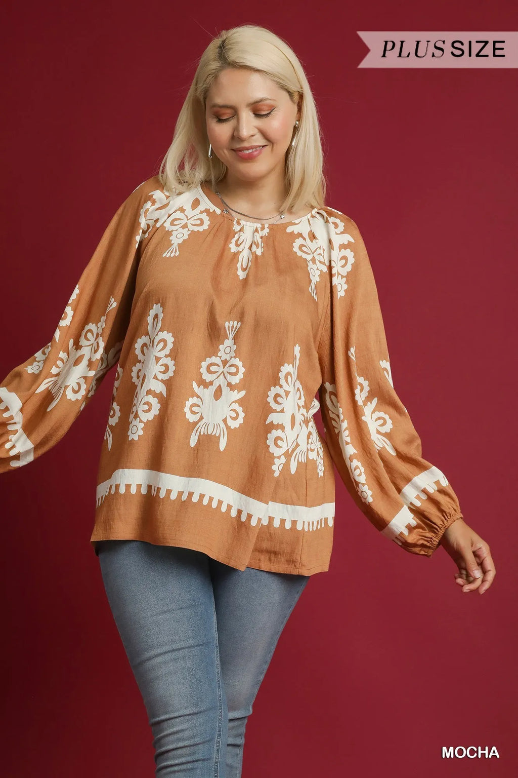 Full Size Two Tone Border Print Top with Balloon Sleeves Plus Size
