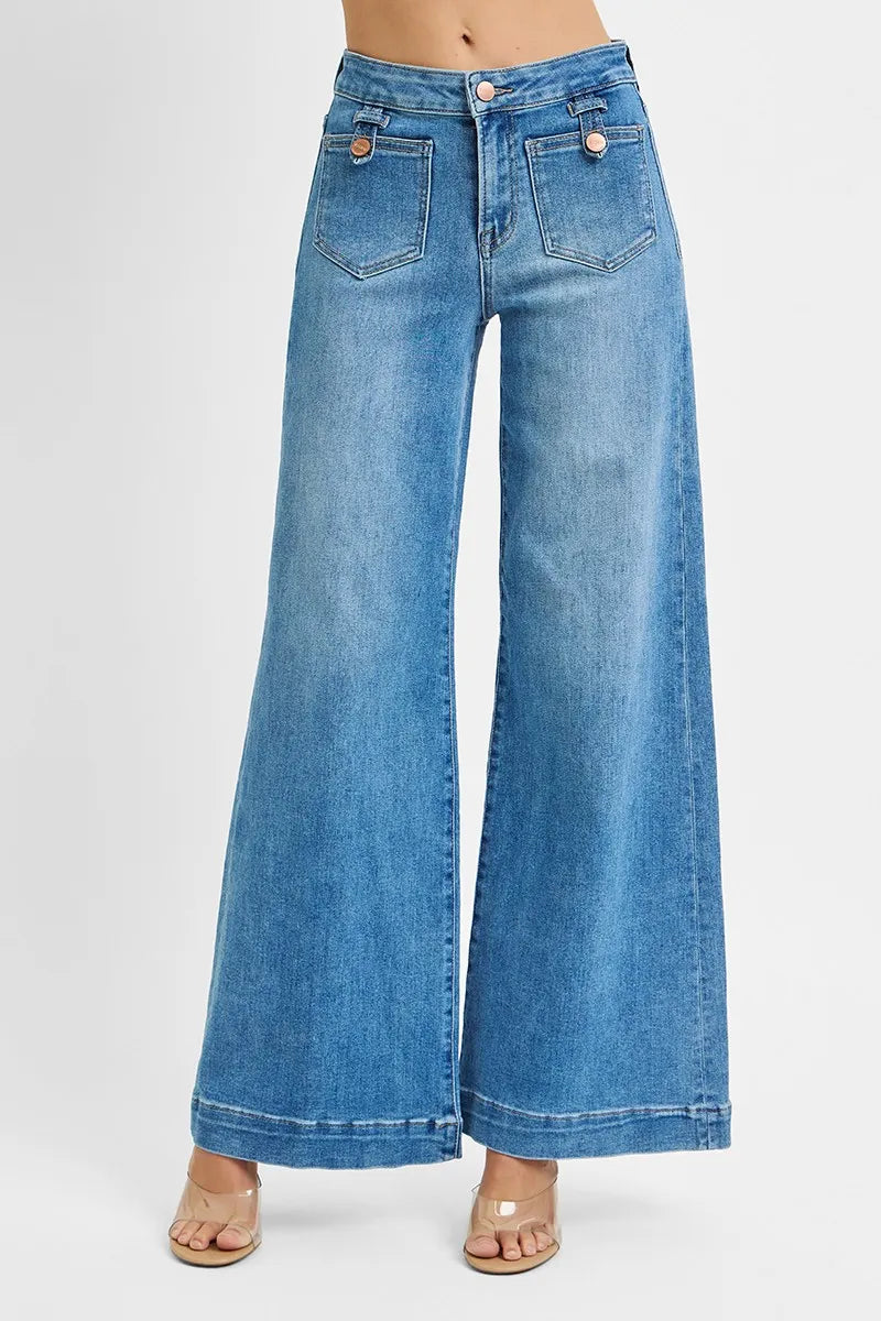 Full Size Mid Rise Wide Front Patch Pocket Jeans Plus Size