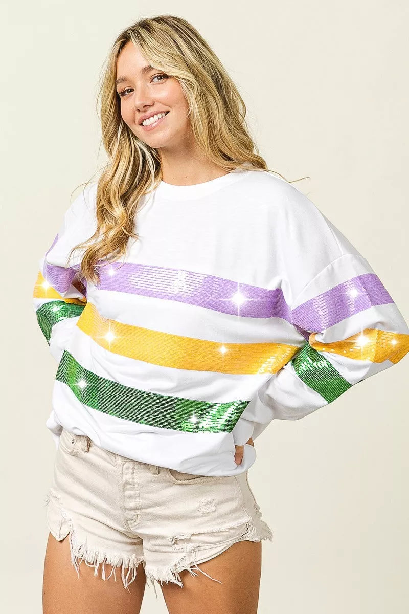 Sequin Mardi Gras Striped Round Neck Sweatshirt