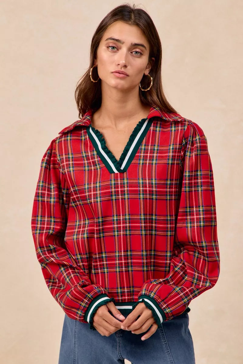 Christmas Plaid Collared Top with Ruffled Detail