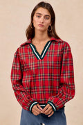 Christmas Plaid Collared Top with Ruffled Detail