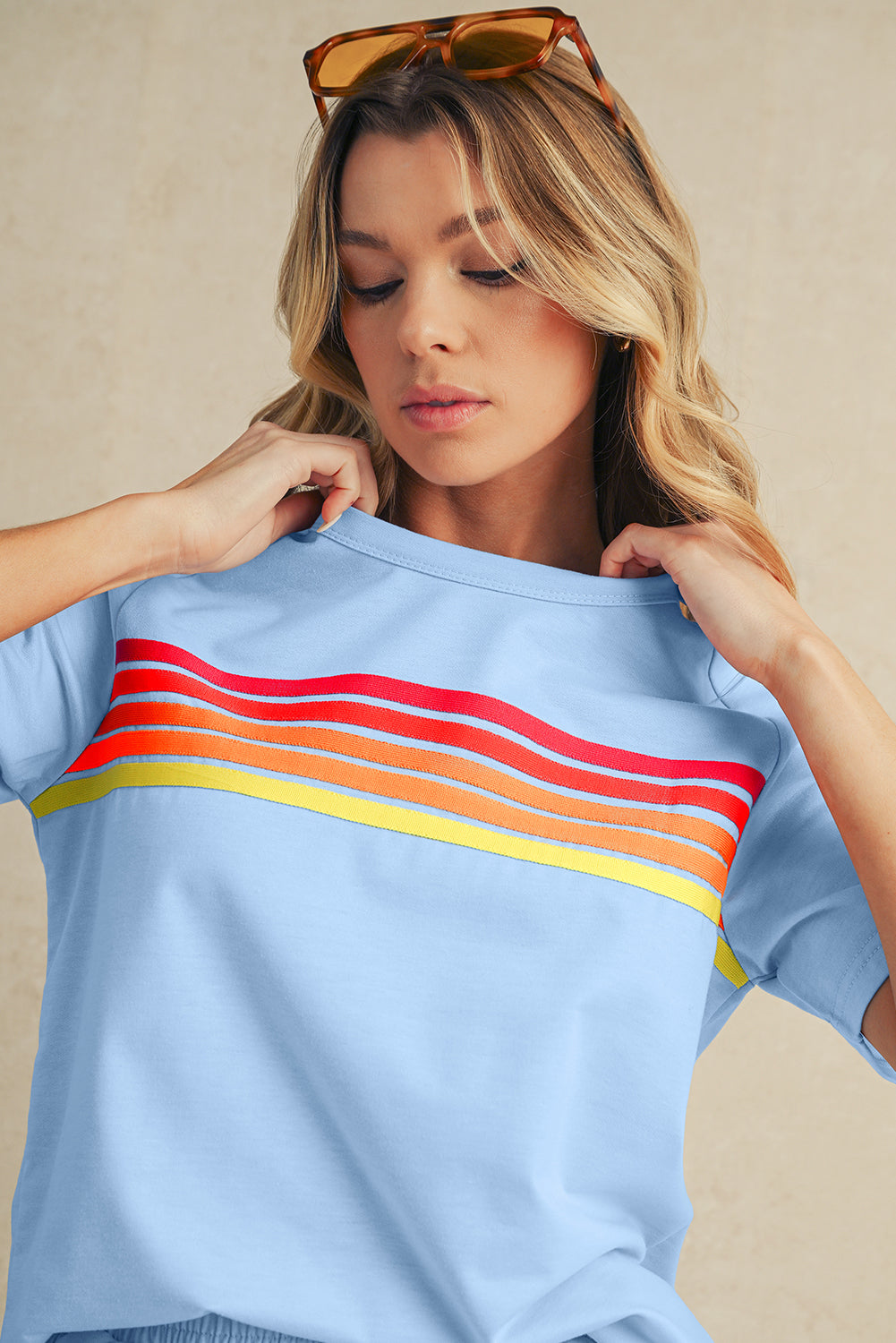 Beau Blue Colorful Striped Casual Tee