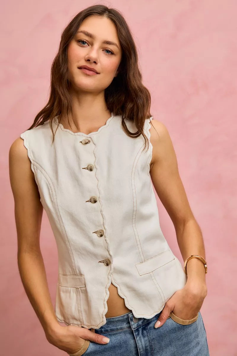 Scalloped Edge Cotton Twill Washed Vest Top