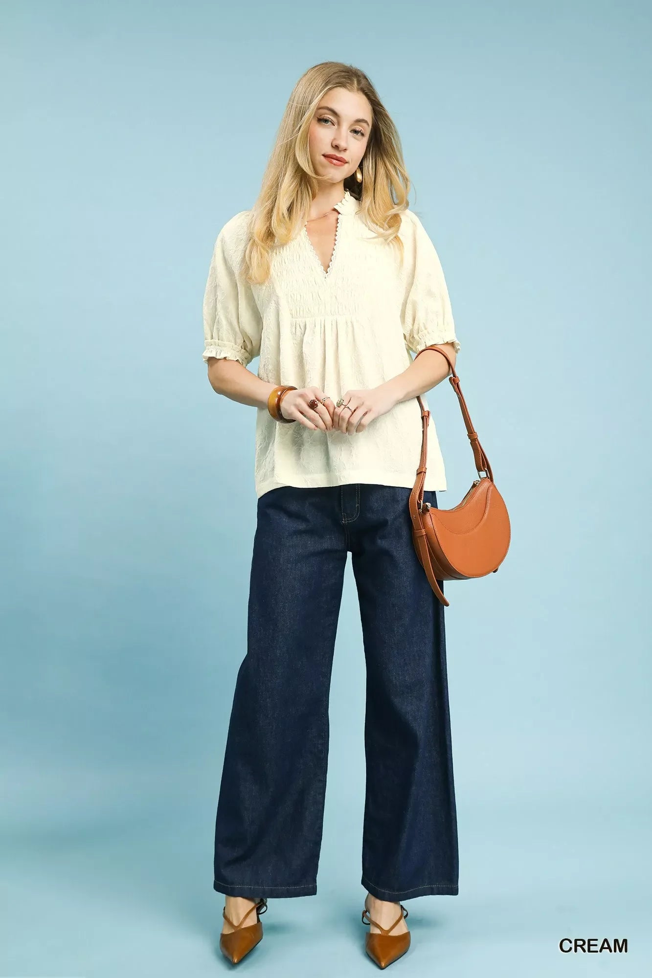 Textured Smocked Peasant Top