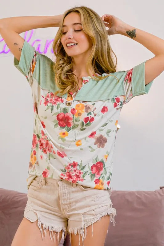 Floral Button Detail Round Neck Short Sleeve Terry T-Shirt