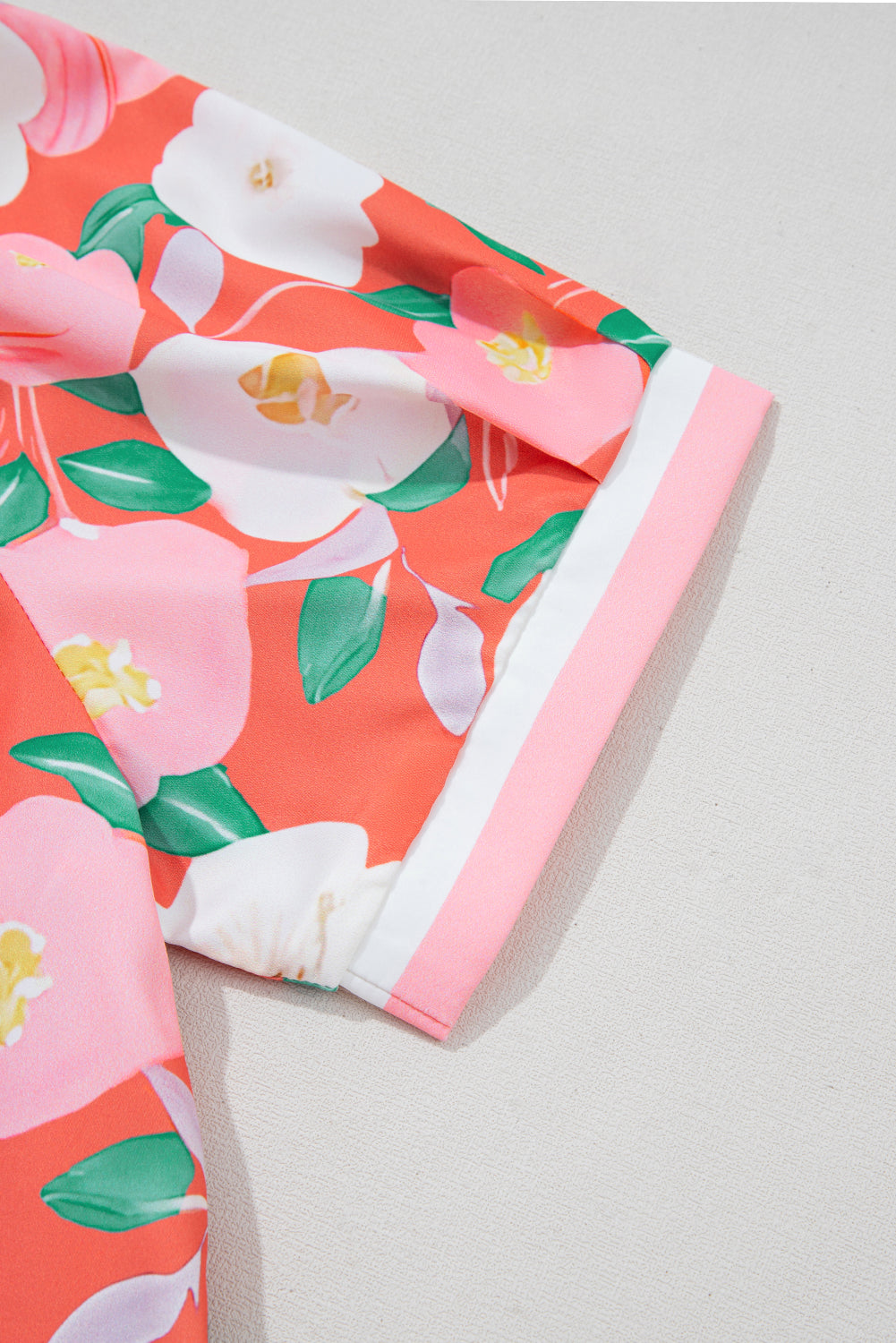 Fresh Salmon Floral Print Contrast Striped Trim Collar T Shirt Dress