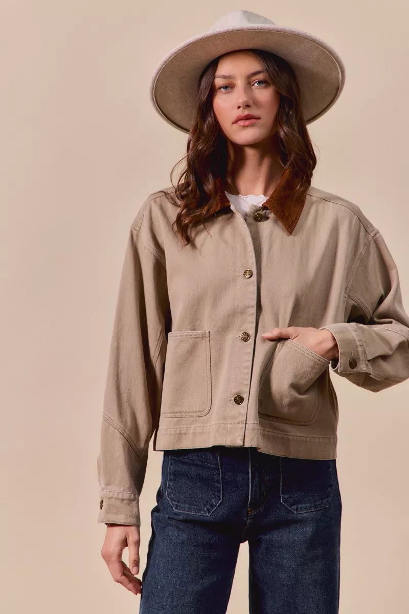 Cotton Twill Cropped Barn Jacket wtih Collar