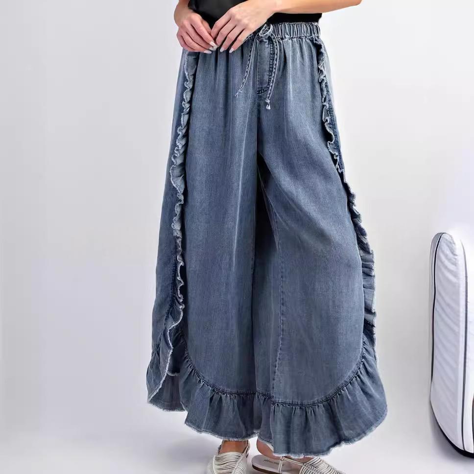 Women's Washed Denim Wide-Leg Flared Pants with Ruffle Hem