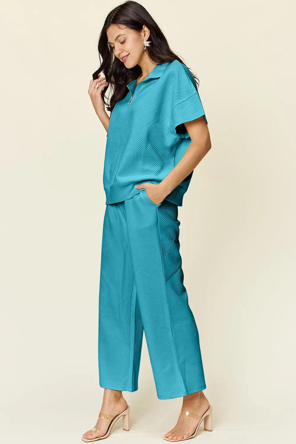 I am a Fashion Junky Full Size Texture Half Zip Short Sleeve Top and Pants Set