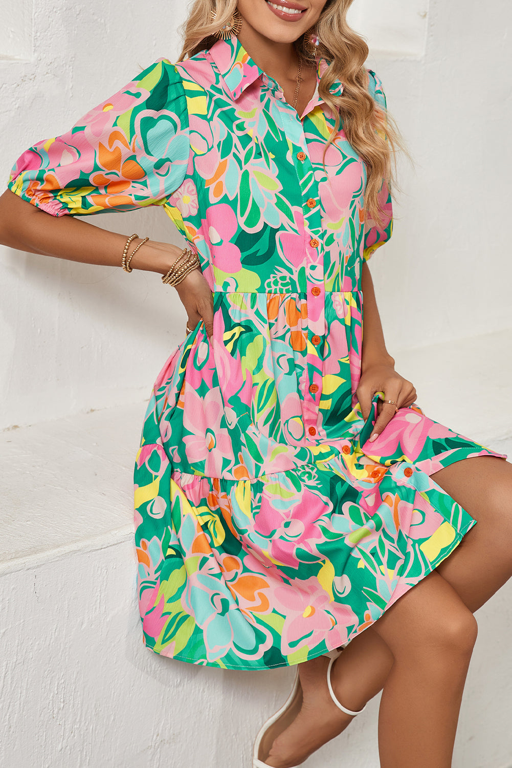 Green Floral Puff Sleeve Buttoned Babydoll Dress
