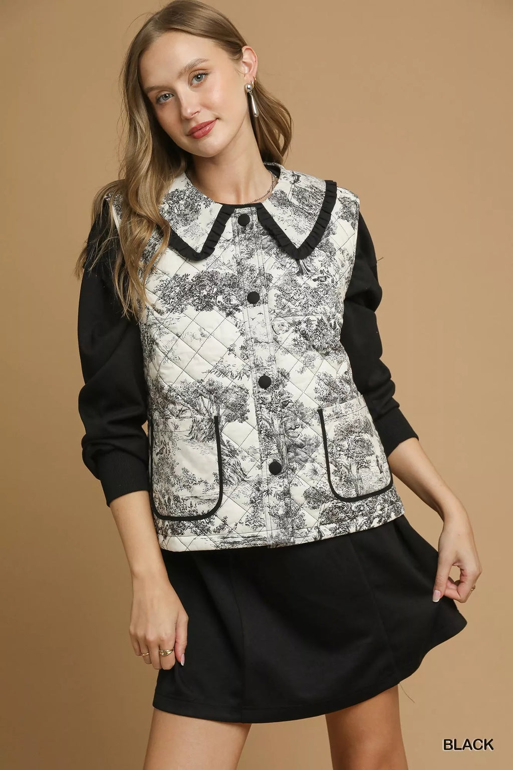 Toile Quilted Vest with Ruffle Collar