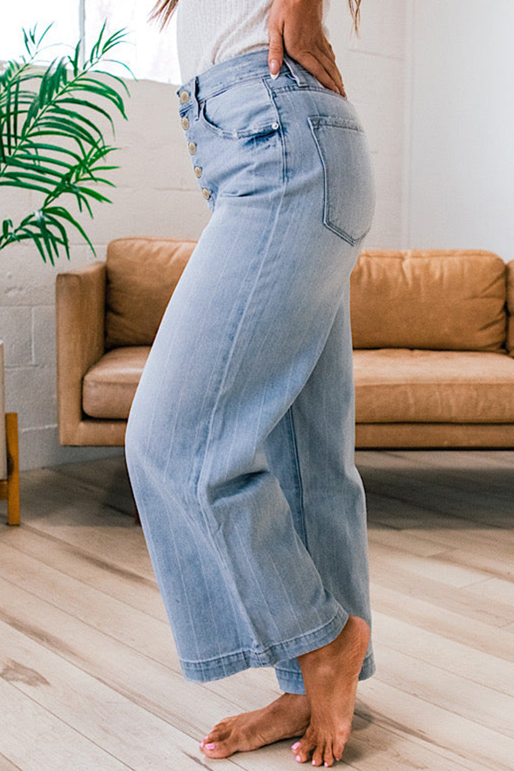 Beau Blue Multi Buttons Pinstripe Wide Leg Jeans