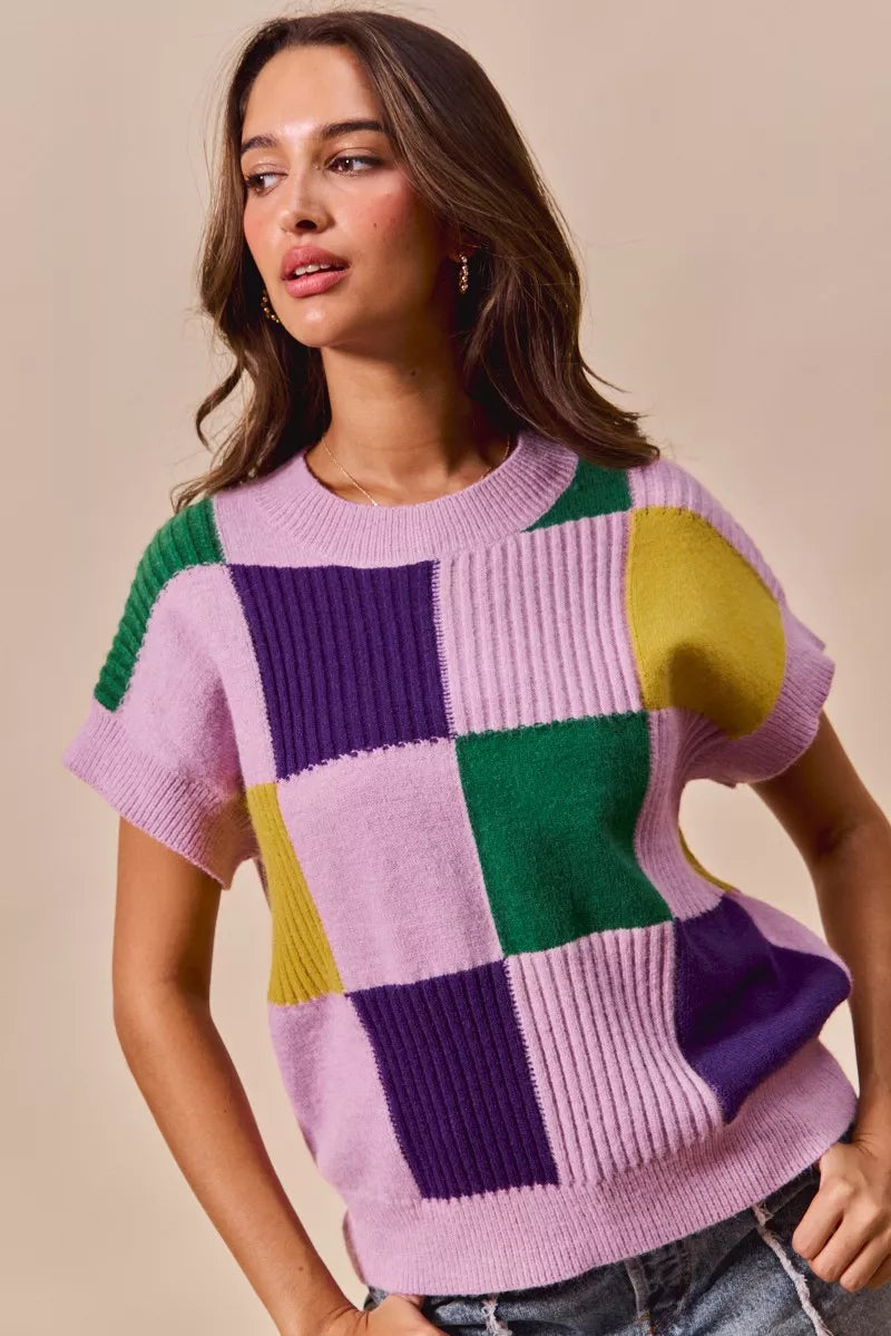 Mardi Gras Check Plaid Casual Sweater Top