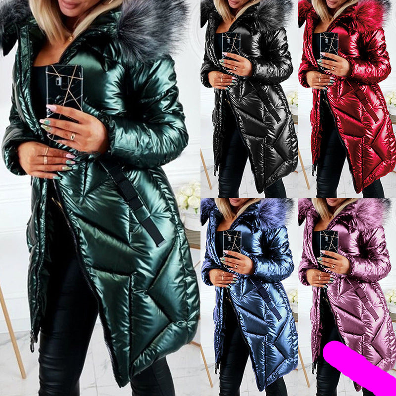 Women's PU Leather Trench Coat with Fur Collar - Slim Fit Mid-Length Winter Jacket (Black, Dark Green, Blue)