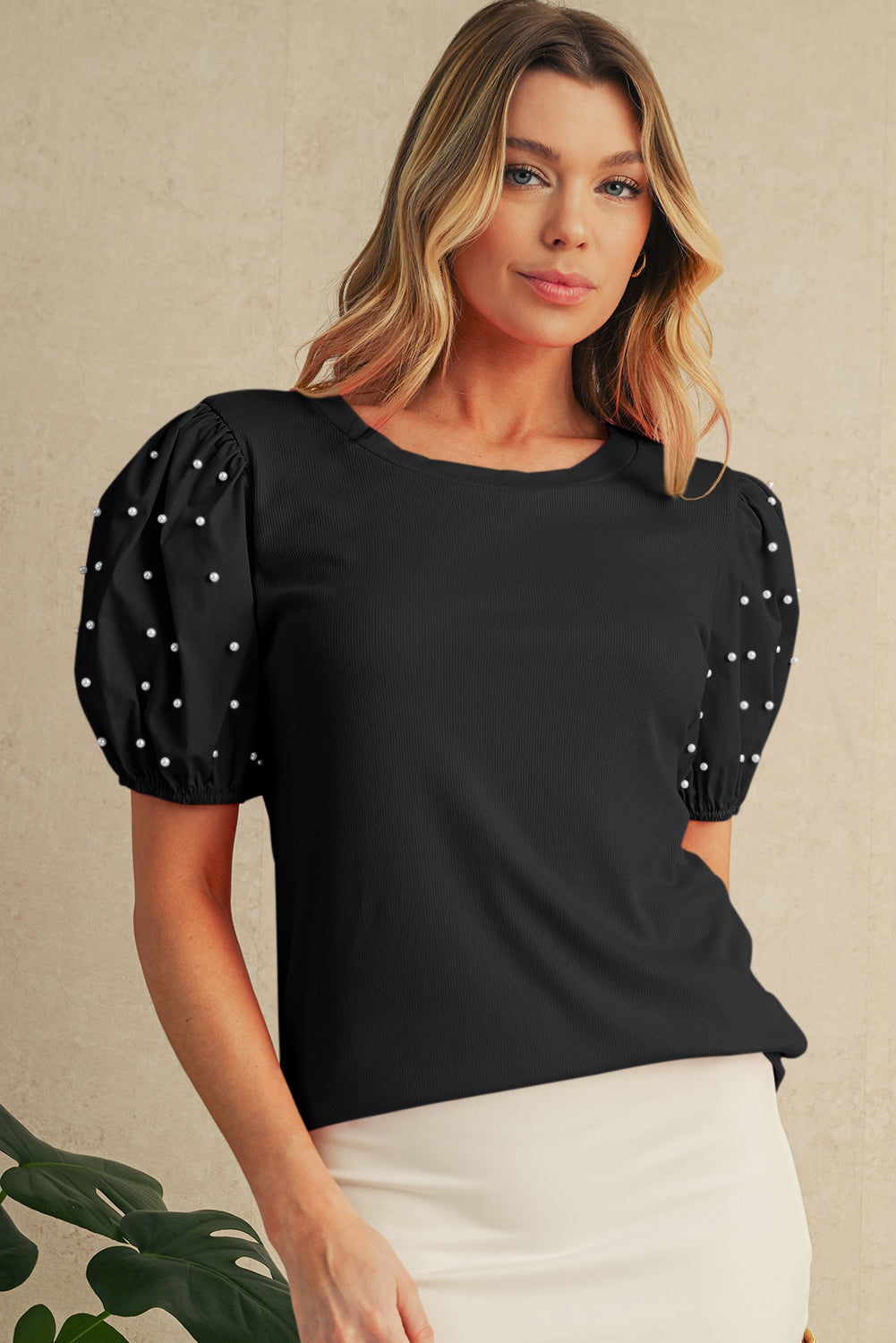 Bright Pink Pearl Beaded Puff Sleeve Ribbed Top